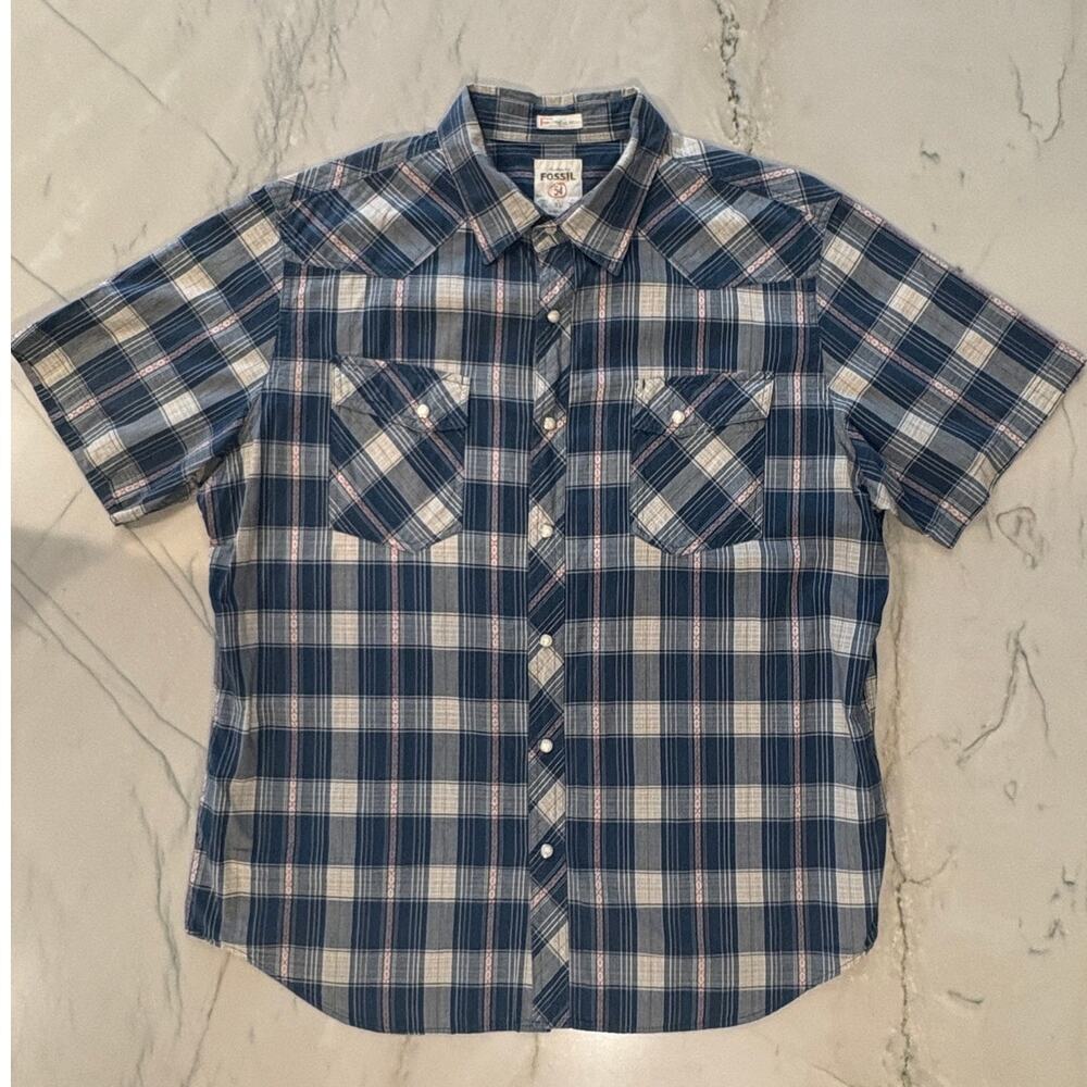 Mens' Fossil Red White & Blue Short Sleeve Western Plaid Button Up Shirt Size XL